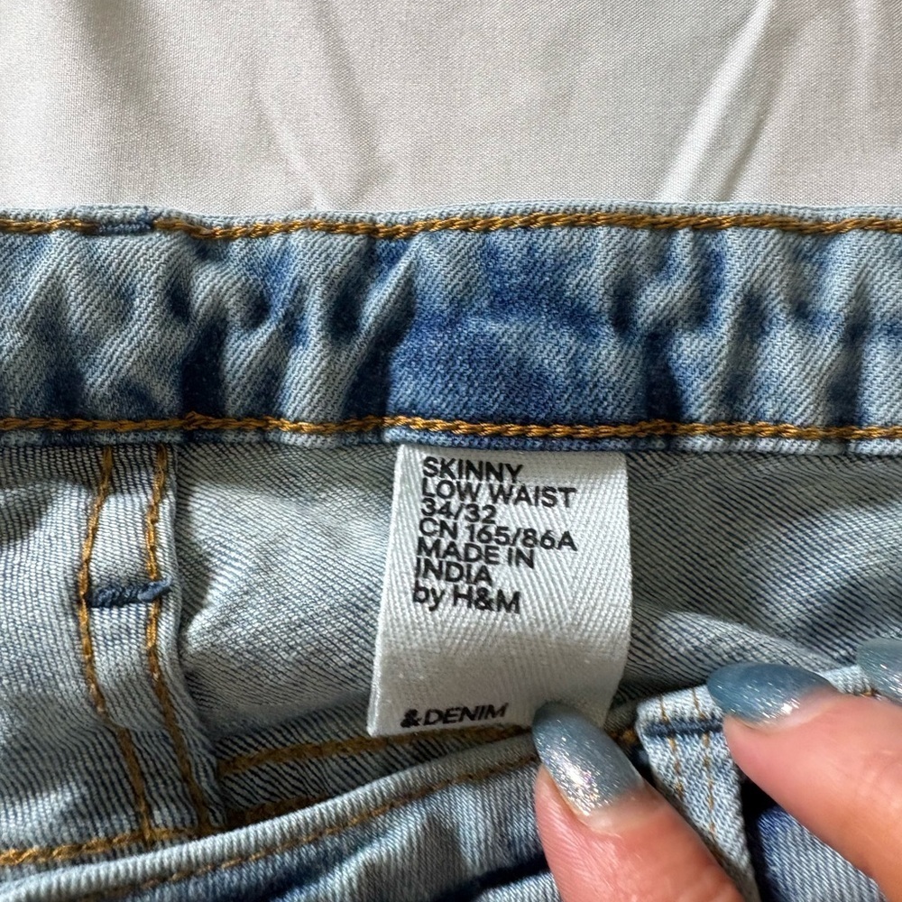 &Denim Skinny Low Waist Jeans Mens 34x32 Distressed Light Wash - Picture 4 of 13